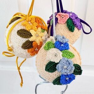 (3) VTG Handmade Floral Crochet Christmas Ball Ornaments Cottagecore Victorian